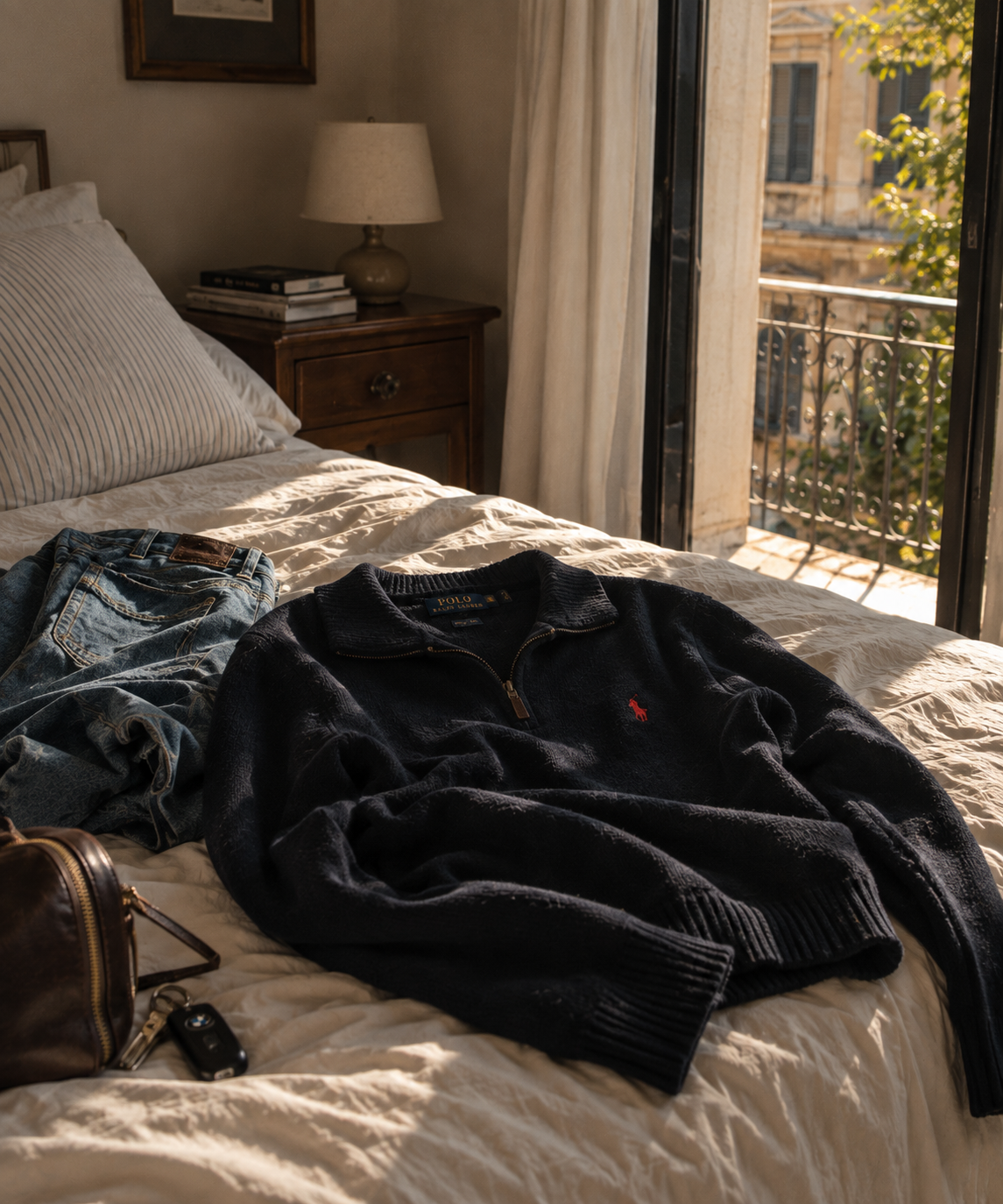 Navy Troyer, Jeans und Ledertasche auf einem Bett im Morgenlicht