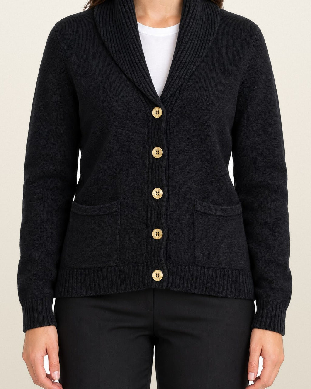 Ralph Lauren Strickjacke mit Schalkragen in Schwarz, Größe L – getragen, Vorderansicht