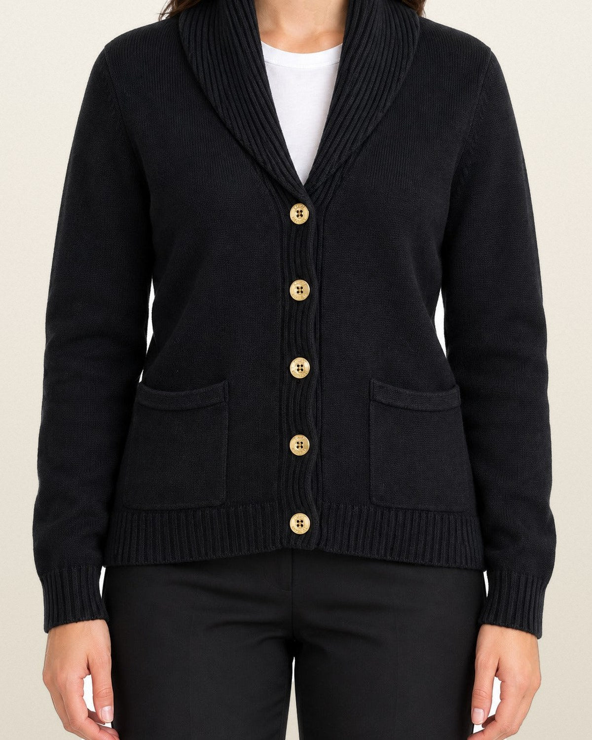 Ralph Lauren Strickjacke mit Schalkragen in Schwarz, Größe L – getragen, Vorderansicht