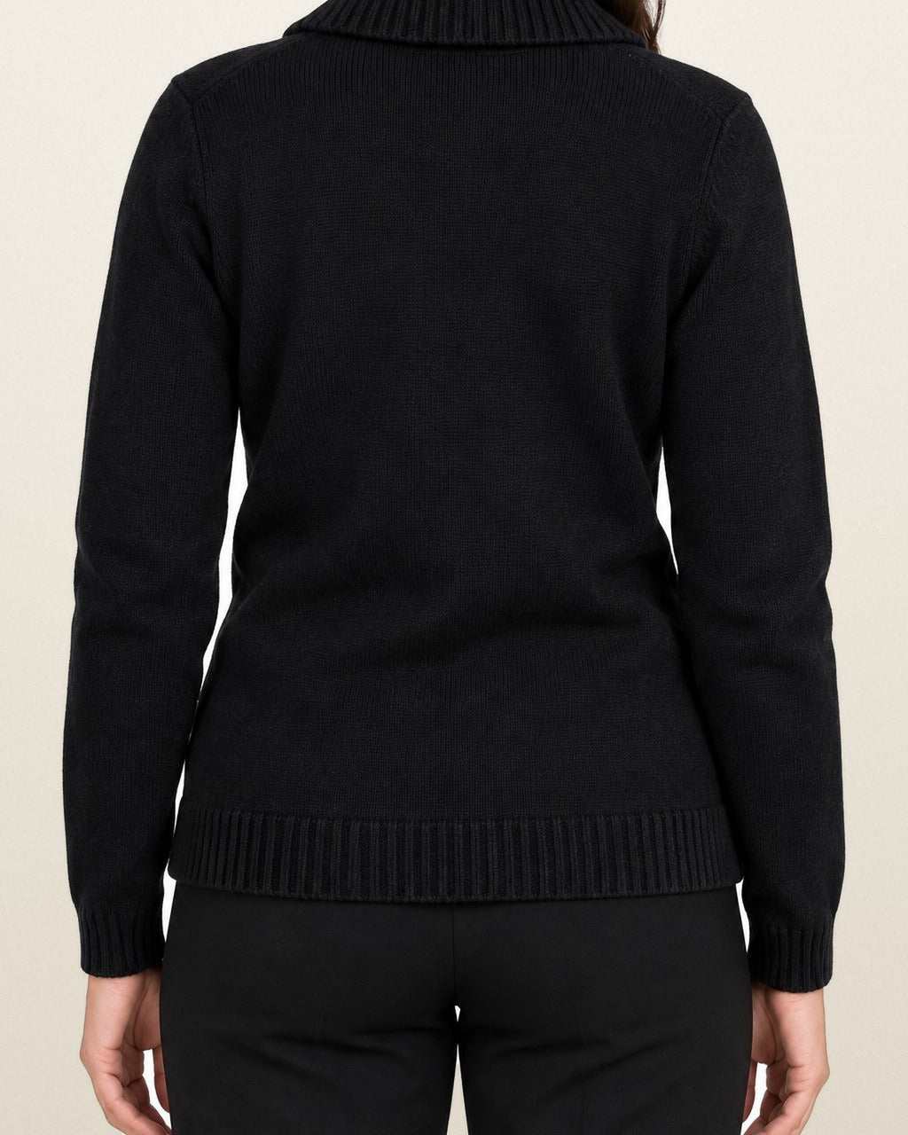 Ralph Lauren Strickjacke mit Schalkragen in Schwarz, Größe L – getragen, Rückansicht