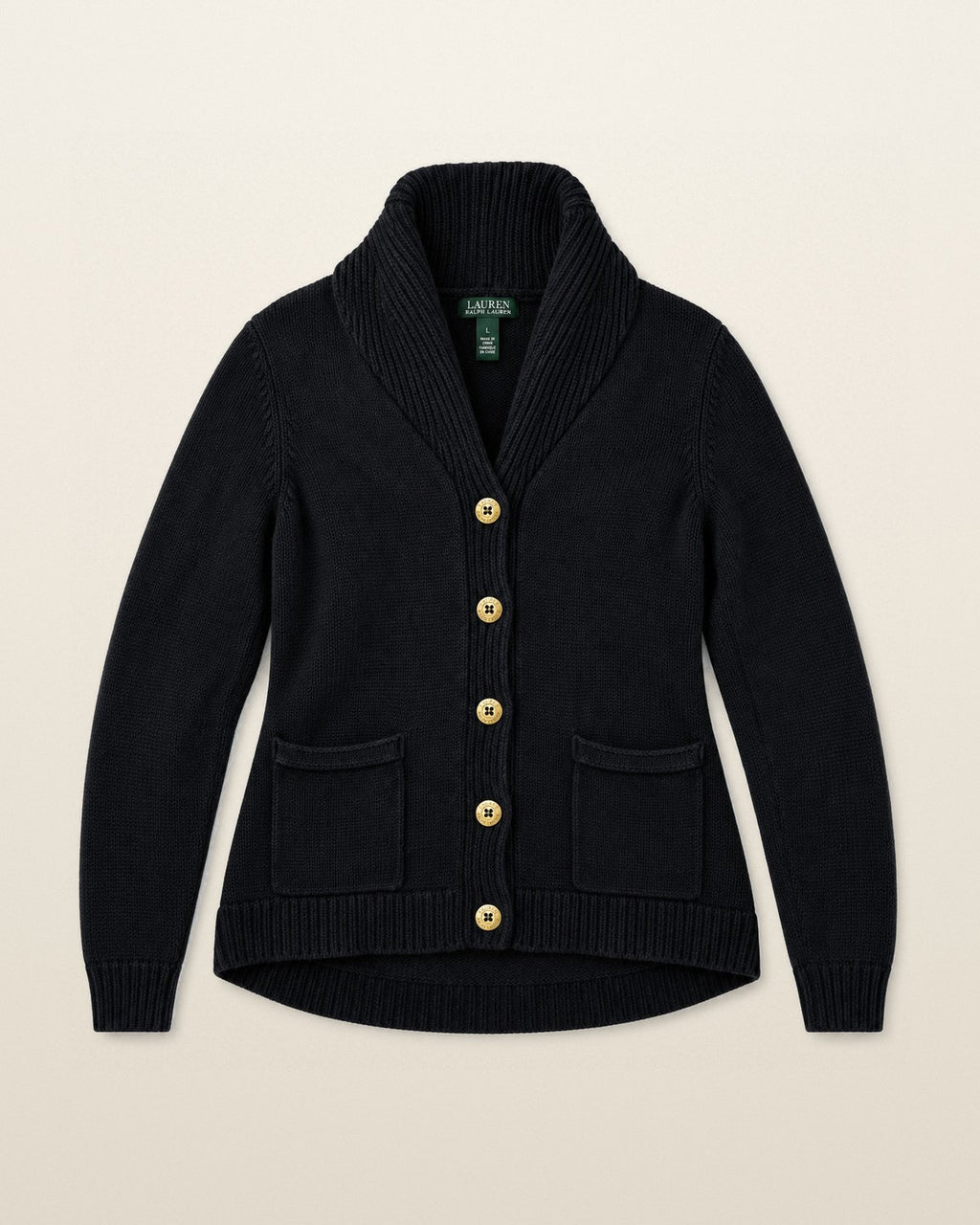 Ralph Lauren Strickjacke mit Schalkragen in Schwarz, Größe L – Vorderansicht