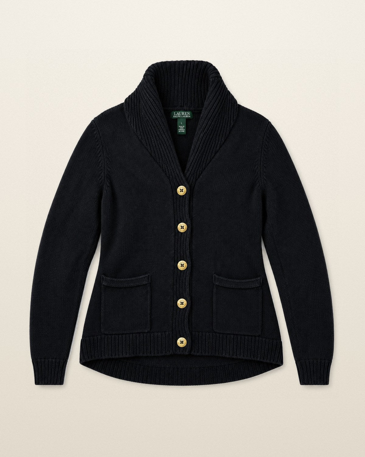 Ralph Lauren Strickjacke mit Schalkragen in Schwarz, Größe L – Vorderansicht
