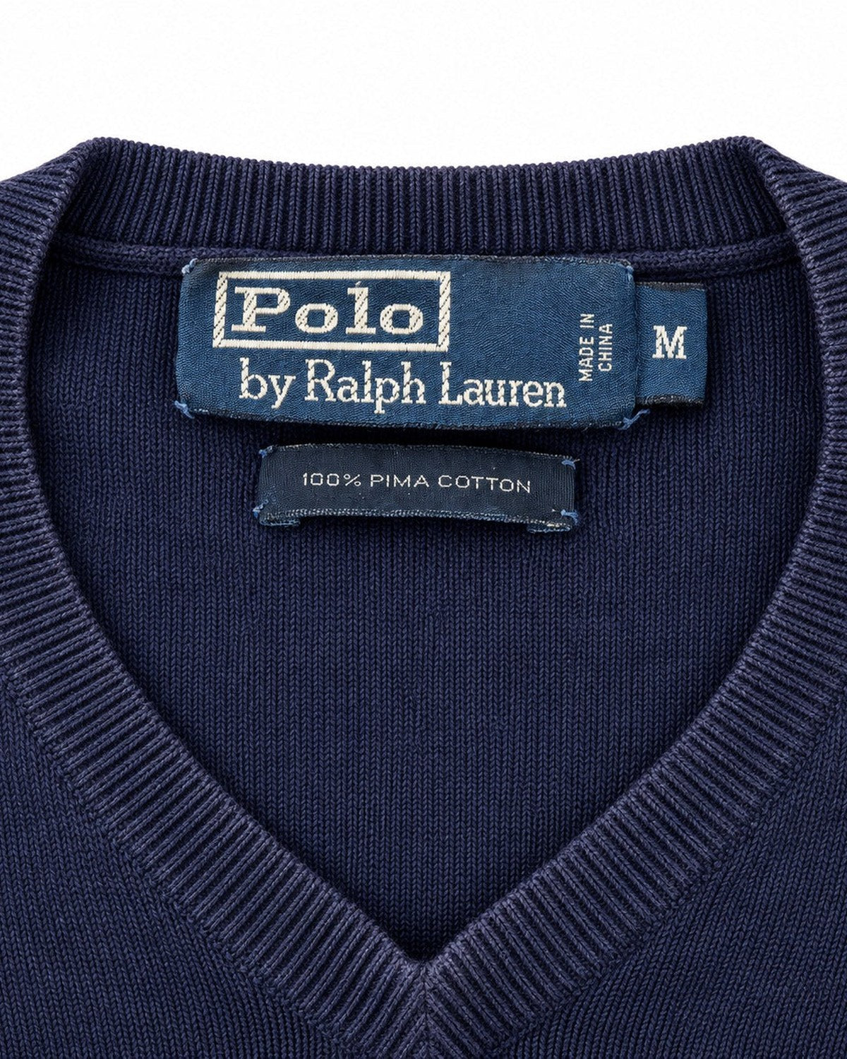 Ralph Lauren Pullover mit V-Ausschnitt in Navy, Größe M – Marken- und Größenetikett