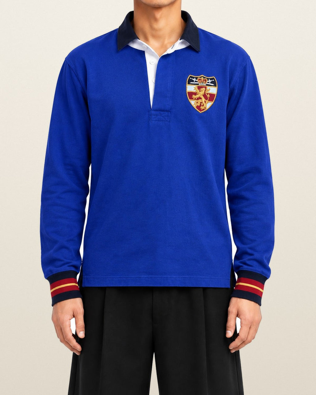 Ralph Lauren Rugby-Shirt mit Wappen in Royalblau, Größe M – getragen, Vorderansicht