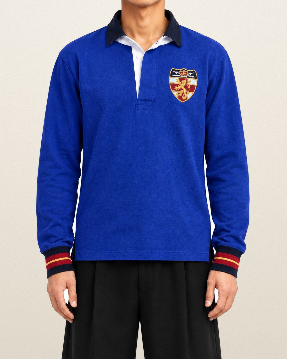 Ralph Lauren Rugby-Shirt mit Wappen in Royalblau, Größe M – getragen, Vorderansicht