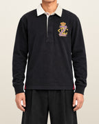 Ralph Lauren Rugby-Shirt mit Wappen in Schwarz, Größe M – getragen, Vorderansicht