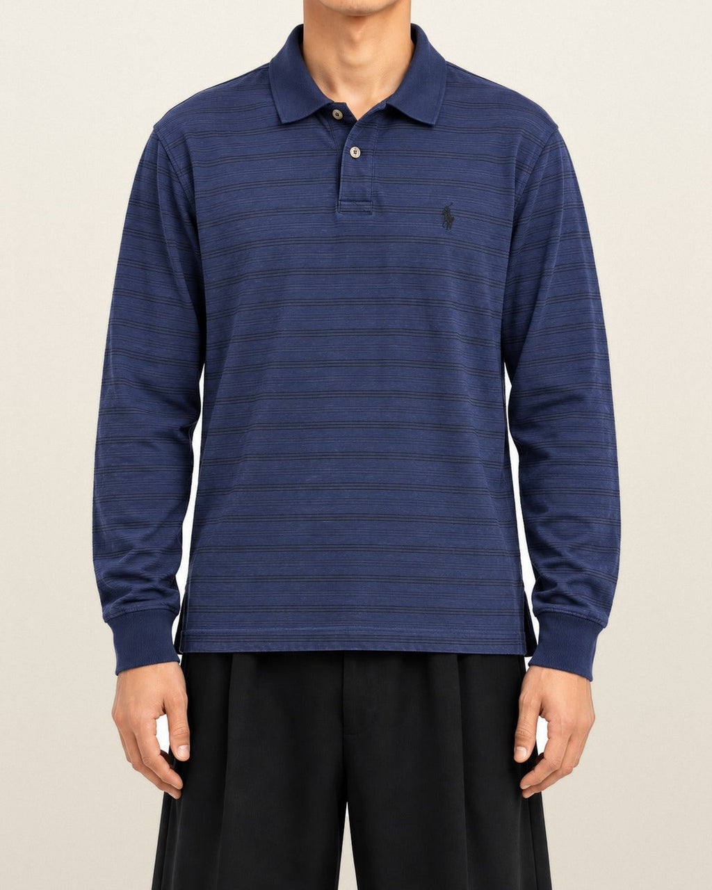 Ralph Lauren Rugby-Polo in Blau gestreift, Größe M – getragen, Vorderansicht