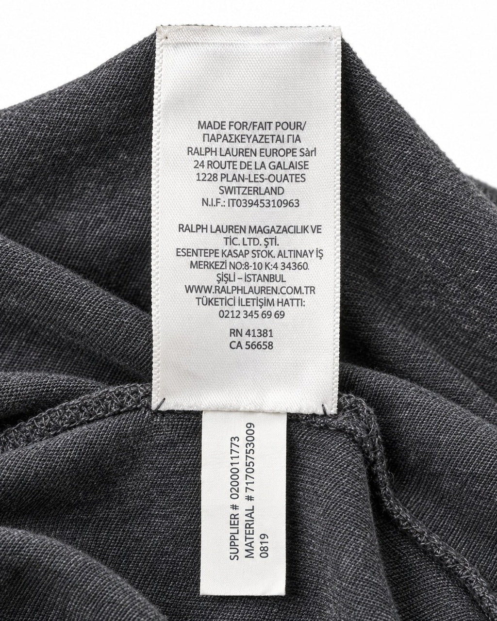 Ralph Lauren Rugby-Polo in Dunkelgrau, Größe M – Pflege- und Materialetikett