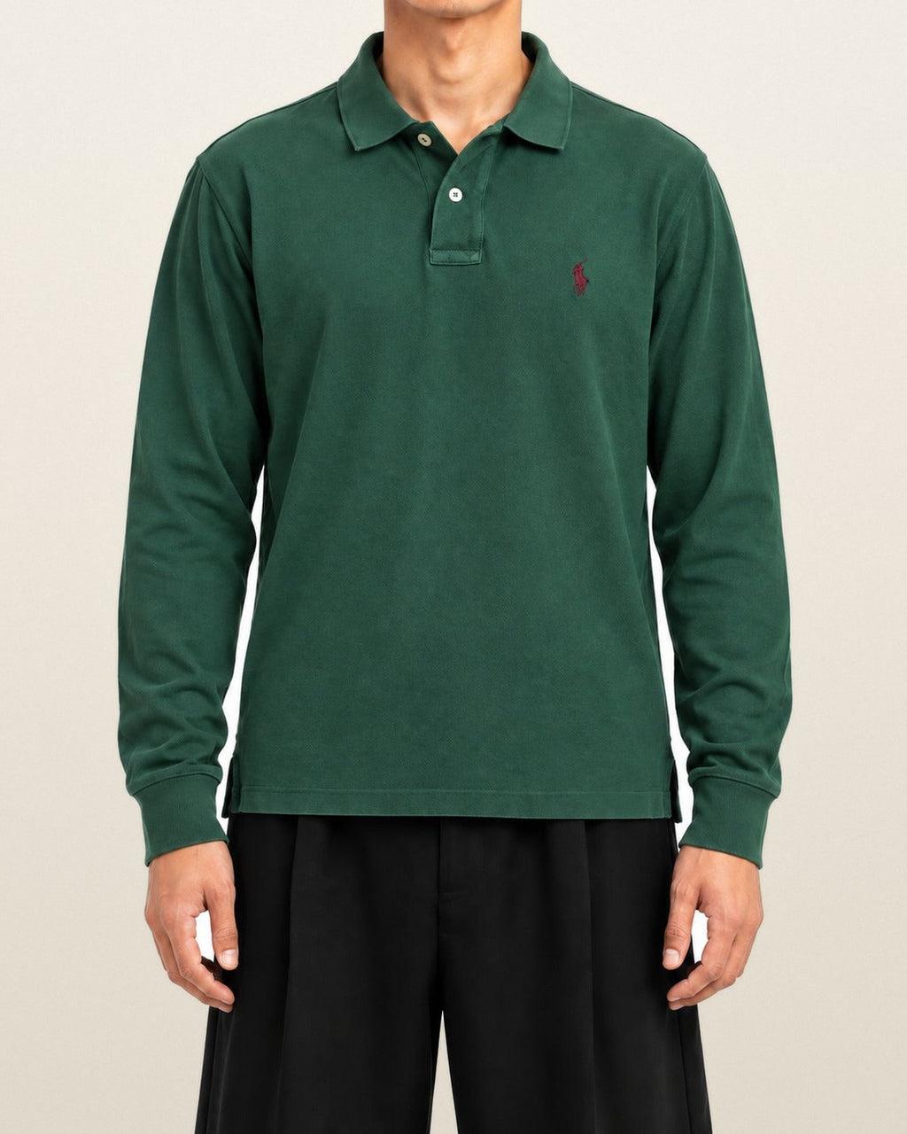 Ralph Lauren Rugby-Polo in Dunkelgrün, Größe S – getragen, Vorderansicht