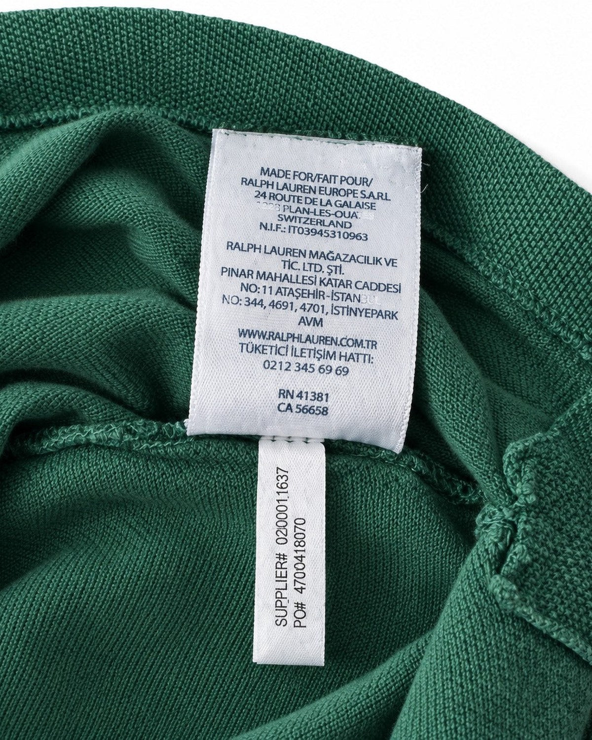 Ralph Lauren Rugby-Polo in Dunkelgrün, Größe S – Etikett mit Herkunft und Artikelnummer
