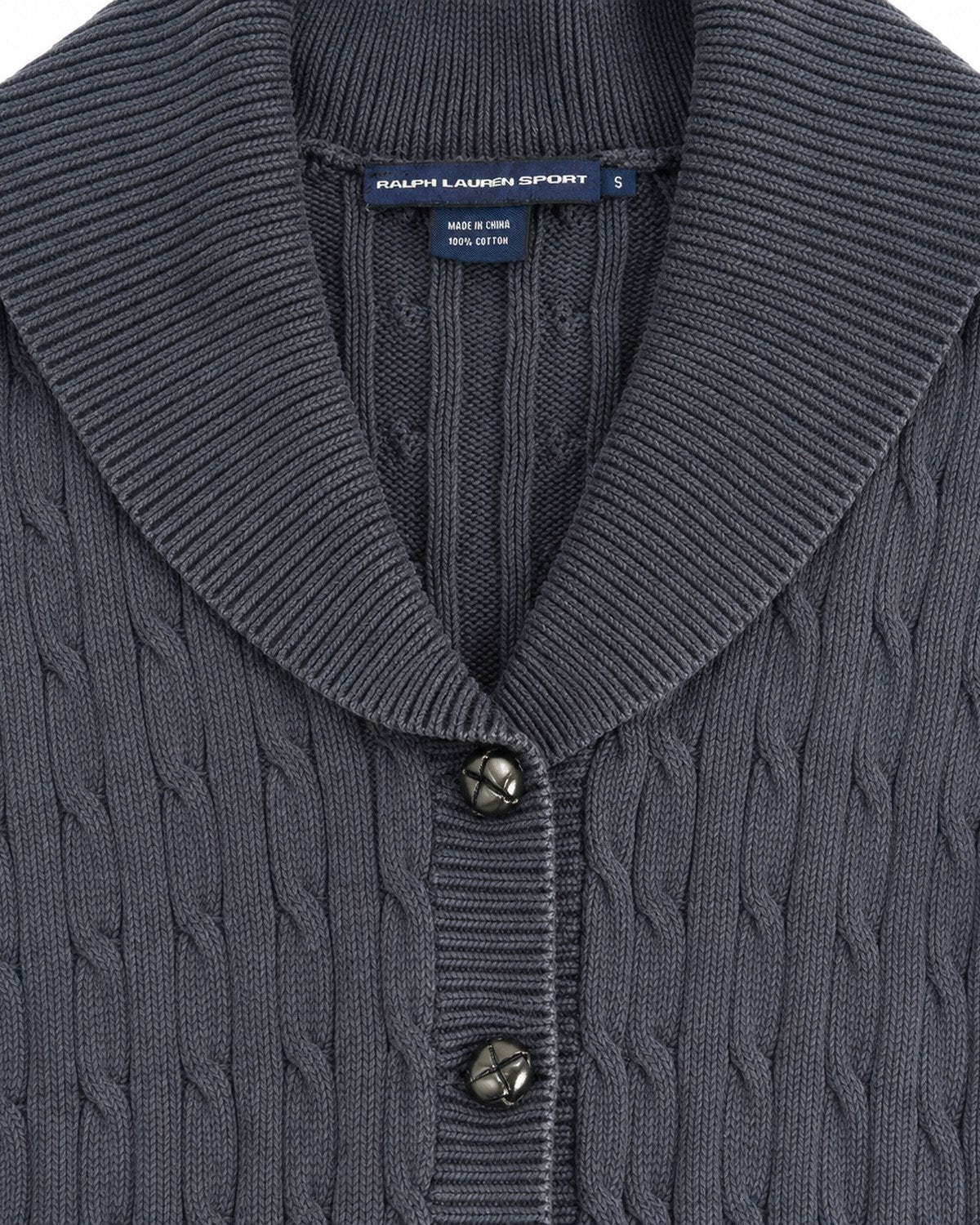 Ralph Lauren Strickjacke in Blau, Größe M – Detail: Knöpfe und Strick