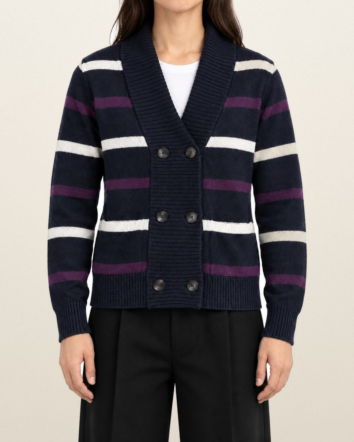 Tommy Hilfiger Strickjacke mit Streifen in Navy, Größe S – getragen, Vorderansicht
