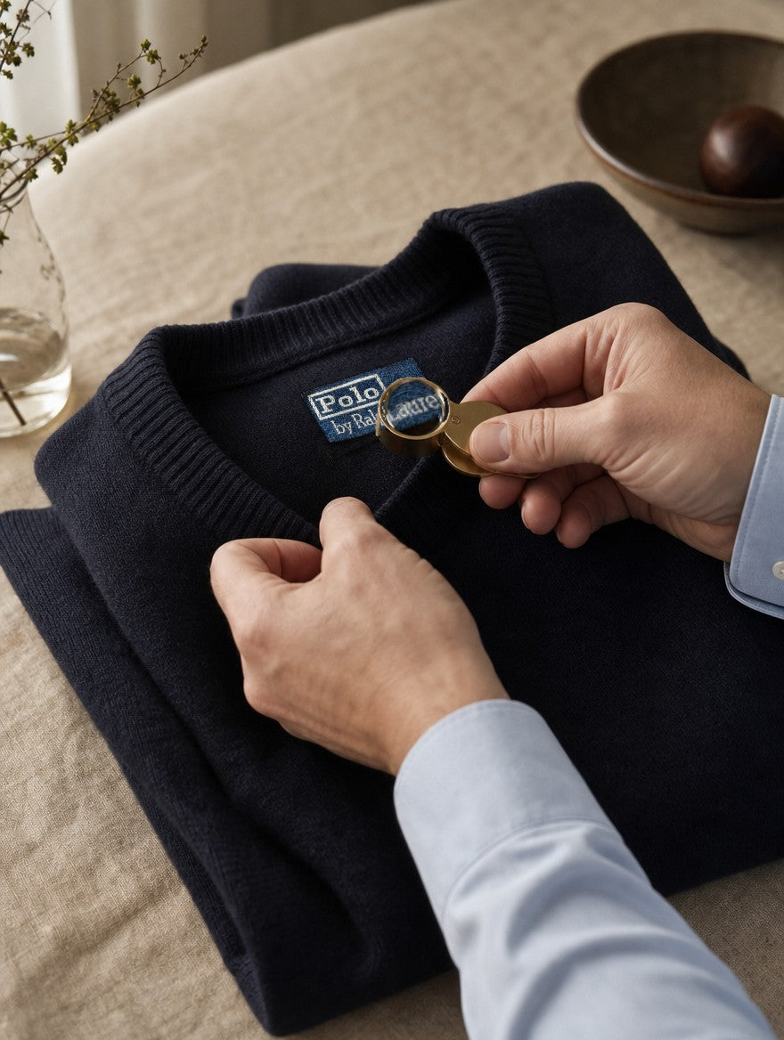 Echtheitsprüfung: Markenetikett eines Polo Ralph Lauren Pullovers unter der Lupe