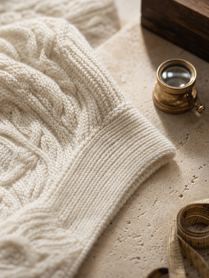 Strickdetail mit Lupe und Maßband – Prüfung der Verarbeitung
