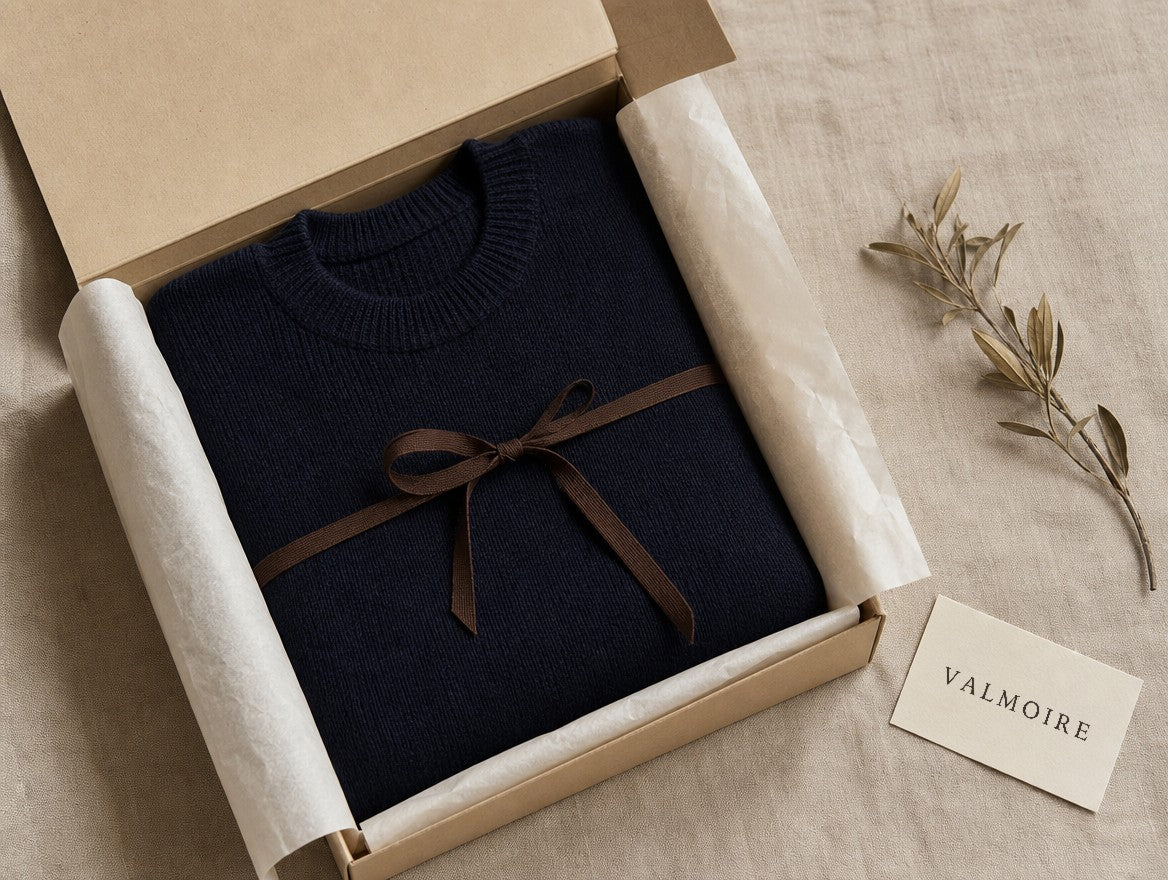 Sorgfältig verpackter Pullover in Seidenpapier mit VALMOIRE-Karte